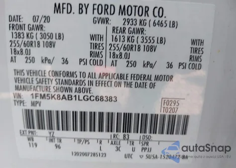 2020 Ford Police Interceptor из США, поврежденный, VIN 1FM5K8AB1LGC68383